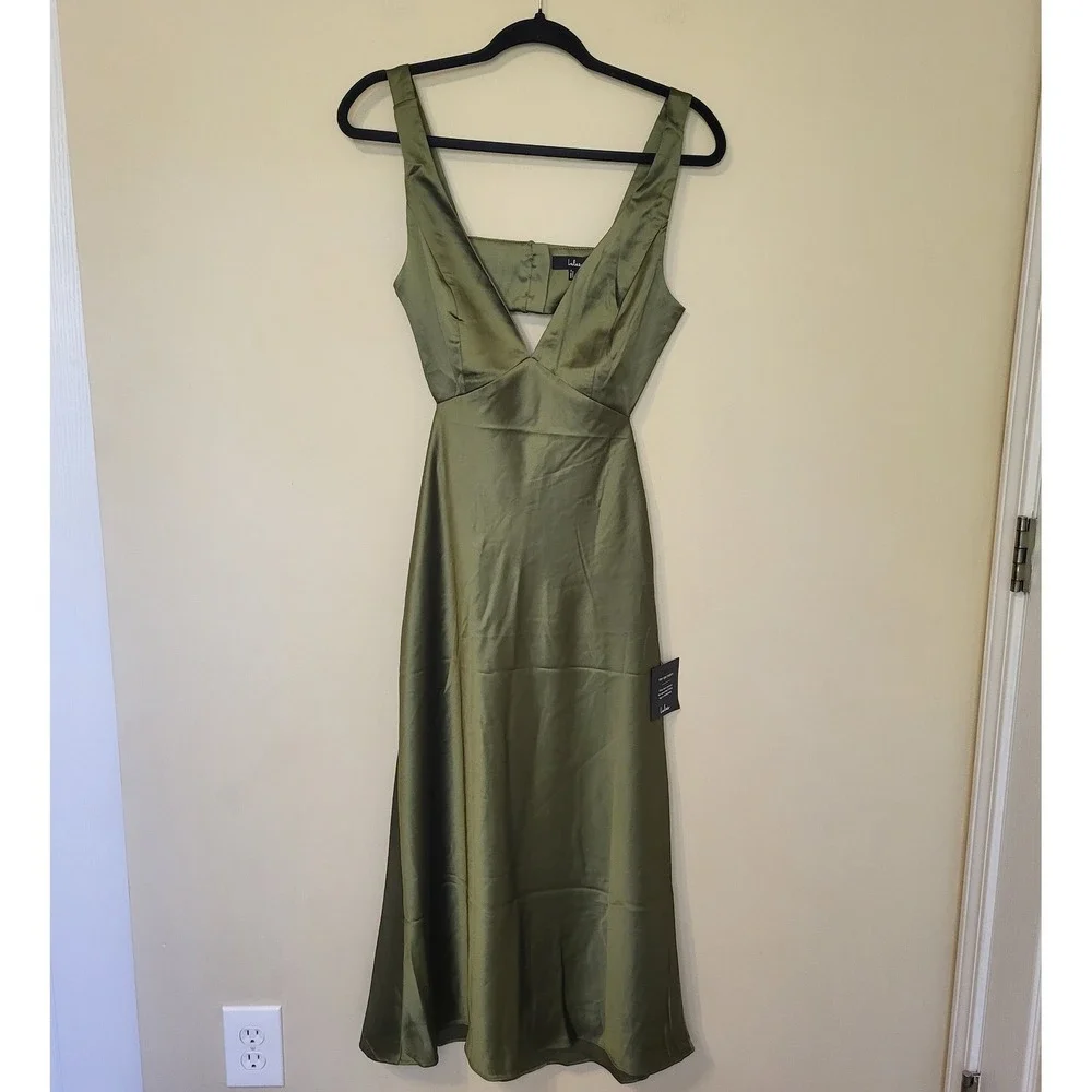Lulus Olive Green Satin Cutout V-Neck Midi Dress NWT Size Small - Picture 3 of 7
